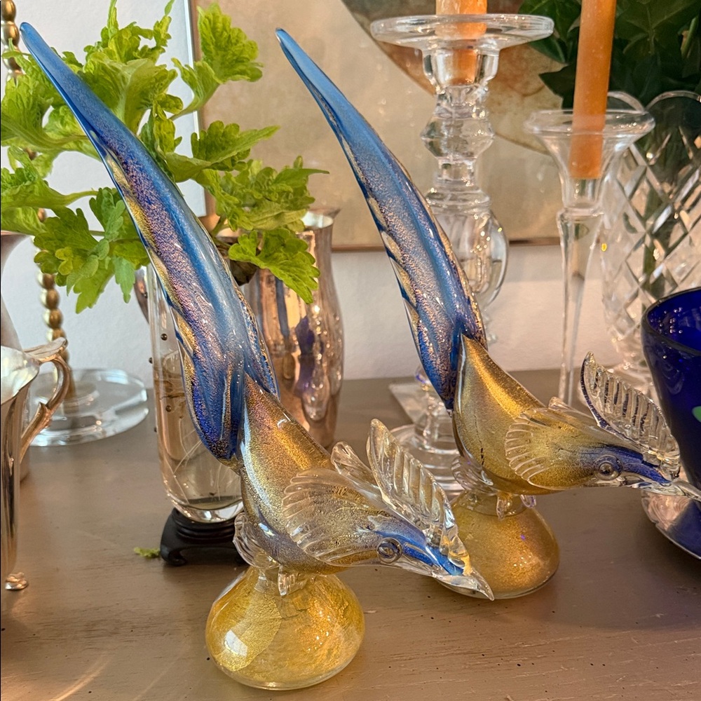 Large Murano Glass Pair of Pheasants